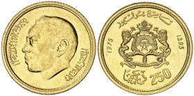 AH 1395/1975. Marruecos. Hassan II. 250 dirhams. (Fr. 6) (Kr. 66). 6,53 g. AU. Acuñación de 5000 ejemplares. S/C-.