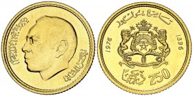AH 1396/1976. Maruecos. Hassan II. 250 dirhams. (Fr. 6) (Kr. 66). 6,53 g. AU. Acuñación de 3200 ejemplares. S/C-.