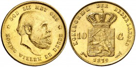 1879. Países Bajos. Guillermo III. 10 gulden. (Fr. 342) (Kr. 106). 6,68 g. AU. EBC+.