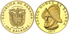 1977. Panamá. 100 balboas. (Fr. 1) (Kr. 41). 8,25 g. AU. 500º Aniversario de Vasco Núñez de Balboa. Proof.