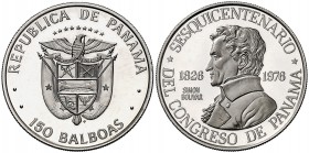 1976. Panamá. 150 balboas. (Fr. 3) (Kr. 43). 9,33 g. Platino. 150º Aniversario del Congreso de Panamá. Escasa. Proof.