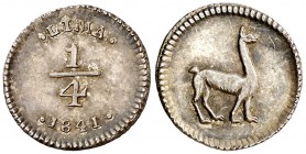 1841/0. Perú. Lima. 1/4 de real. (Kr. 143.1). 0,78 g. AG. Bella. Preciosa pátina. Escasa así. EBC+.