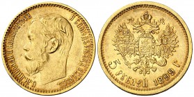 1899. Rusia. Nicolás II. San Petersburgo. . 5 rublos. (Fr. 180) (Kr. 62). 4,28 g. AU. EBC.