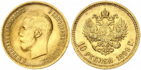 1899. Rusia. Nicolás II. . 10 rublos. (Fr. 179) (Kr. 64). 8,59 g. AU. Escasa. EBC-/EBC.