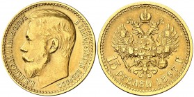 1897. Rusia. Nicolás II. . 15 rublos. (Fr. 177) (Kr. 65.2). 12,81 g. AU. Escasa. MBC+.