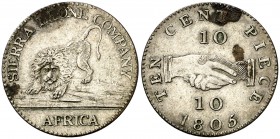 1805. Sierra Leona. 10 centavos. (Kr. 3). 2,52 g. AG. Manchitas, pero extraordinario ejemplar. Rara. MBC+.