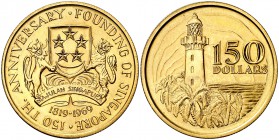 1969. Singapur. 150 dólares. (Fr. 1) (Kr. 7). 24,85 g. AU. 150º Aniversario de su fundación. S/C-.