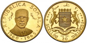 1965. Somalia. 20 chelines. (Fr. 4) (Kr. 10). 2,89 g. AU. 5º Aniversario de la Independencia. Proof.