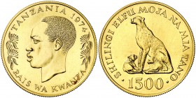 1974. Tanzania. 1500 shilingi. (Fr. 1) (Kr. 9). 33,63 g. AU. Conservación de la Naturaleza. Acuñación de 2779 ejemplares. Rara. S/C.