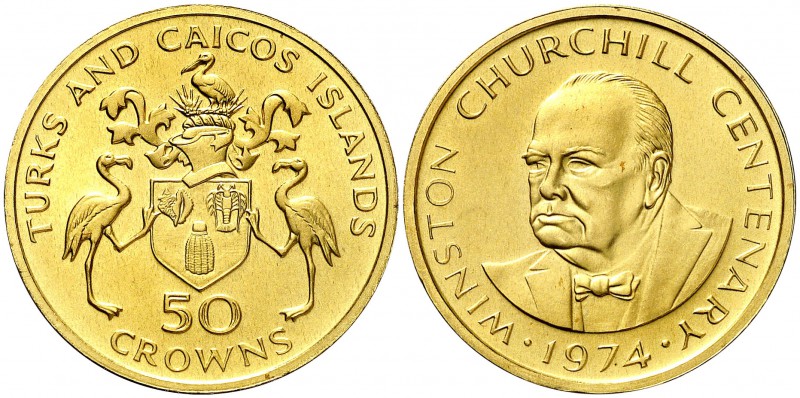 1974. Turcos y Caicos. Isabel II. 50 coronas. (Fr. 2) (Kr. 3). 9,03 g. AU. Cente...