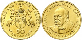 1974. Turcos y Caicos. Isabel II. 50 coronas. (Fr. 2) (Kr. 3). 9,03 g. AU. Centenario de Churchill. Escasa. S/C.