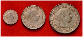 1868. Isabel II. 3 monedas: 1/2 céntimo de escudo (Jubia), 2 1/2 céntimos de escudo (Sevilla) y 5 céntimos de escudo (Barcelona). A examinar. MBC+/EBC...