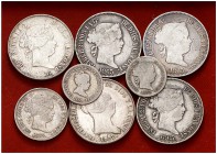 Isabel II. 2 reales (dos), 40 céntimos de escudo, 10 reales (dos) y 50 centavos de peso (tres). Total 8 monedas en plata. A examinar. BC-/MBC.