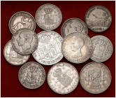 1869 a 1933*1934. 50 centavos, 1 (ocho) y 2 pesetas (tres). Lote de 12 monedas distintas, excepto dos. A examinar. BC+/EBC-.