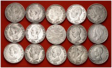 1870 a 1897. 5 pesetas. Lote de 15 monedas distintas. A examinar. BC/BC+.