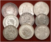 Lote de 9 monedas de diversos países tamaño "duro". A examinar. MBC/S/C-.