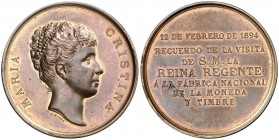 1894. Visita de la Regente a la Fábrica Nacional de la Moneda y Timbre. (V. 565). 70,43 g. Ø 50 mm. Bronce. Grabador: B. Maura. EBC+.