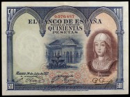 1927. 500 pesetas. (Ed. B130) (Ed. 346). 24 de julio, Isabel la Católica. Sello en seco del Gobierno Provisional. MBC.