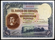 1935. 500 pesetas. (Ed. C16) (Ed. 365). 7 de enero, Hernán Cortés. Doblez central, pero buen ejemplar, con apresto. Raro. EBC-.