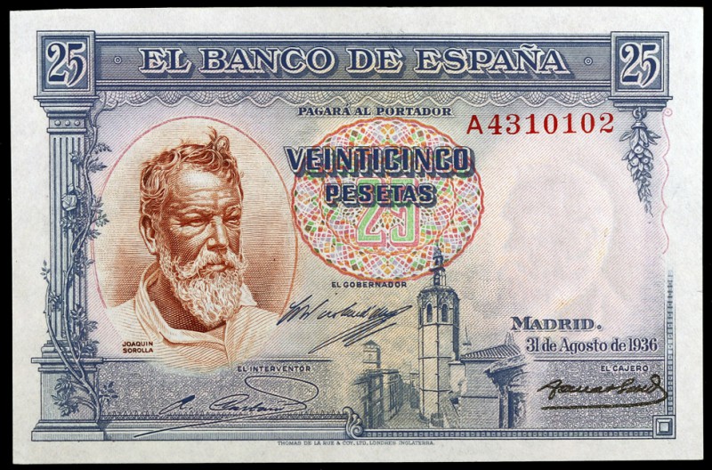 1936. 25 pesetas. (Ed. C18a) (Ed. 367a). 31 de agosto, Sorolla. Serie A. Mínimos...