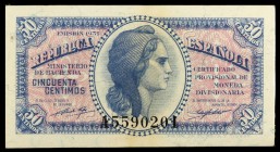 1937. 50 céntimos. (Ed. C42) (Ed. 391). Lote de 100 billetes, serie A. Con la hoja de control de la FNMT. S/C.
