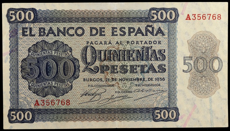 1936. Burgos. 500 pesetas. (Ed. D23) (Ed. 422). 21 de noviembre, serie A. Leve d...