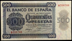 1936. Burgos. 500 pesetas. (Ed. D23) (Ed. 422). 21 de noviembre, serie A. Leve doblez, pero buen ejemplar, con apresto. EBC-.