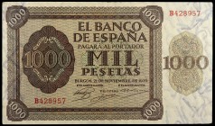 1936. Burgos. 1000 pesetas. (Ed. D24a) (Ed. 423a). 21 de noviembre, serie B. Leve doblez. Raro. EBC.