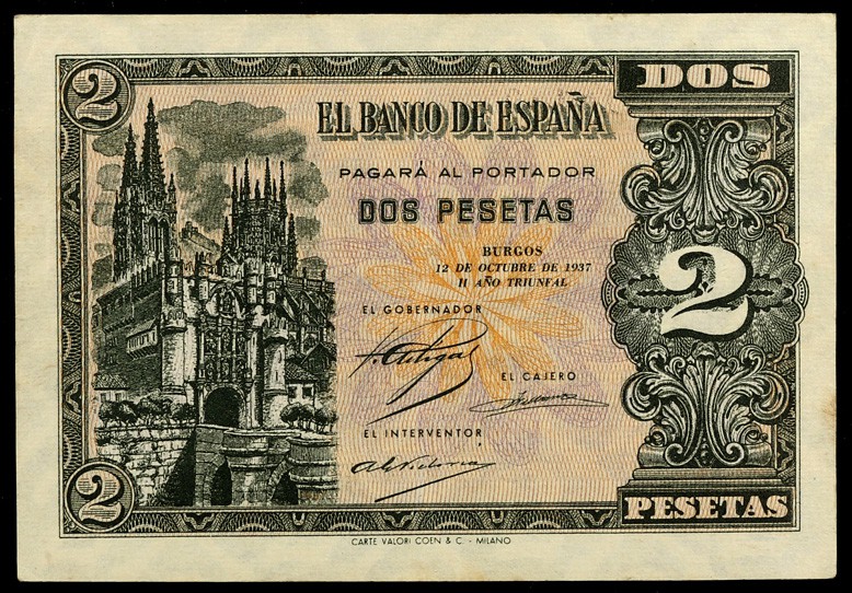 1937. Burgos. 2 pesetas. (Ed. D27a) (Ed. 426a). 12 de octubre, serie B. Escaso. ...