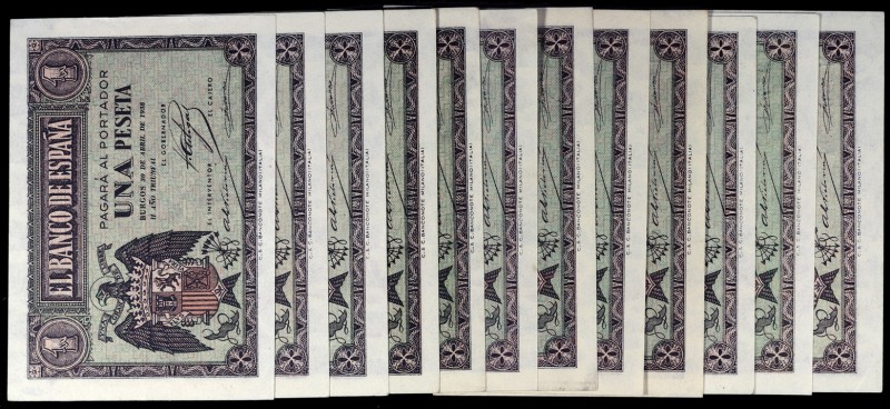 1938. Burgos. 1 peseta. (Ed. D29a) (Ed. 428a). 30 de abril. Lote de 12 billetes,...
