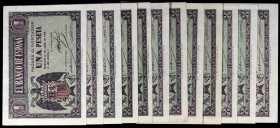 1938. Burgos. 1 peseta. (Ed. D29a) (Ed. 428a). 30 de abril. Lote de 12 billetes, series: B, D (cuatro), G (dos), H (tres), I y N. EBC+/S/C-.