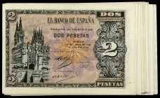 1938. Burgos. 2 pesetas. (Ed. D30 y D30a) (Ed. 429 y 429a). 30 de abril. Lote de 28 billetes, series: A, C (dos), D (cuatro), F, G, H (nueve), L (tres...