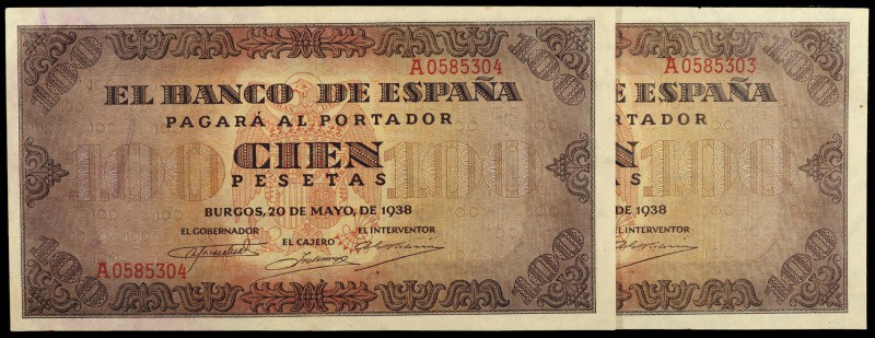 1938. Burgos. 100 pesetas. (Ed. D33) (Ed. 432). 20 de mayo. Pareja correlativa, ...
