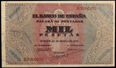 1938. Burgos. 1000 pesetas. (Ed. D35) (Ed. 434). 20 de mayo. Leve doblez, buen ejemplar, con apresto. EBC.