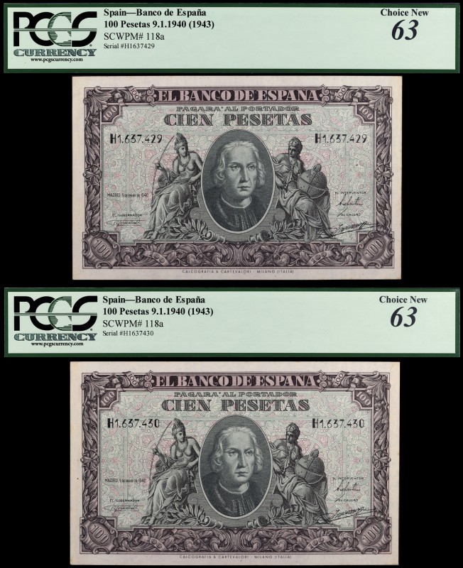 1940. 100 pesetas. (Ed. D39a) (Ed. 438a). 9 de enero, Colón. Pareja correlativa,...