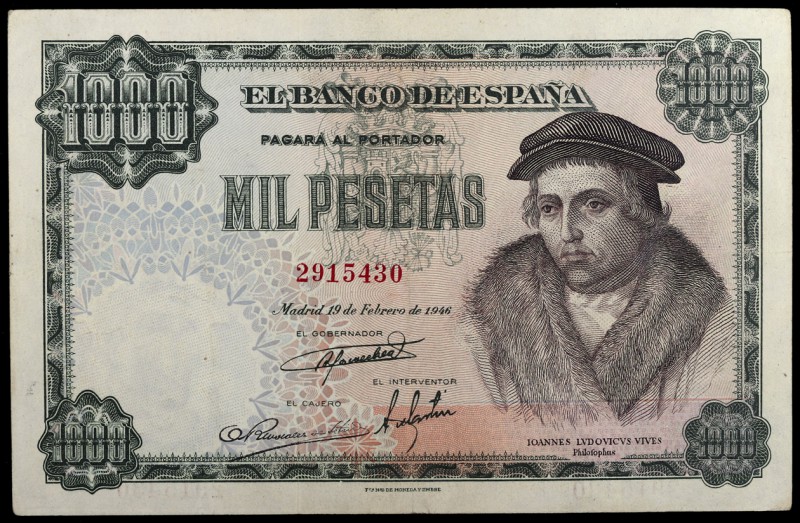 1946. 1000 pesetas. (Ed. D54) (Ed. 453). 19 de febrero, Luis Vives. Leve doblez....