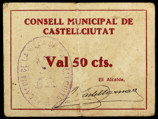 Castellciutat. 50 céntimos y 1 peseta. (T. 828a y 829a). 2 cartones, todos los d...