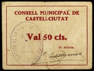 Castellciutat. 50 céntimos y 1 peseta. (T. 828a y 829a). 2 cartones, todos los de la localidad. Raros. BC+/MBC-.