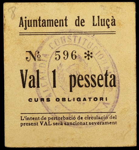 Lluçà. 50 céntimos y 1 peseta. (T. 1582 y 1583a). 2 cartones, el de 50 céntimos ...