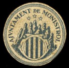 Monistrol de Montserrat. 10, 15, 25, 50 céntimos (dos) y 1 peseta. (T. 1750, 1751, 1751a y 1752 a 1754). 3 billetes y 3 cartones redondos. Todos los d...