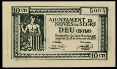 Noves de Segre. 10, 25, 50 céntimos y 1 peseta. (T. 1904 a 1907). 4 billetes, todos los de la localidad. Raros. MBC/EBC.