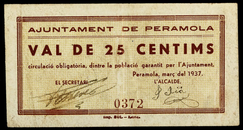 Peramola. 25, 50 céntimos (dos) y 1 peseta (dos). (T. 2092b, 2093b y 2094 a 2096...