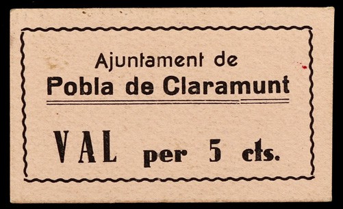 Pobla de Claramunt. 5, 10, 25, 50 céntimos (dos) y 1 peseta (dos). (T. 2186d, 21...