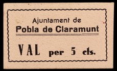 Pobla de Claramunt. 5, 10, 25, 50 céntimos (dos) y 1 peseta (dos). (T. 2186d, 2187 y 2190 a 2194). 4 cartones y 3 billetes, tres series completas. Con...