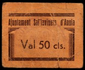 Sallavinera d'Anoia. 50 céntimos. (T. 2595). Cartón. Rarísimo. BC.