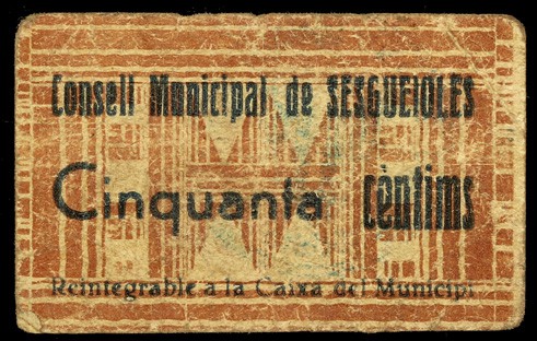 Sesgueioles. 50 céntimos. (T. 2737 y 2740). Un cartón y un billete en celuloide....