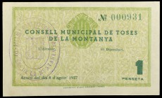 Toses de la Muntanya. 1 peseta. (T. 3001a). Único billete emitido por la localidad. Muy raro y más así. EBC+.