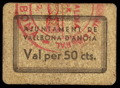 Vallbona d'Anoia. 25, 50 céntimos (dos) y 1 peseta (dos). (T. 3057, 3058c var, 3...
