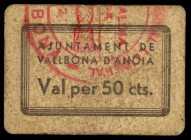 Vallbona d'Anoia. 25, 50 céntimos (dos) y 1 peseta (dos). (T. 3057, 3058c var, 3059b, 3060a y 3061a). 5 cartones, una serie completa. Uno de 50 céntim...