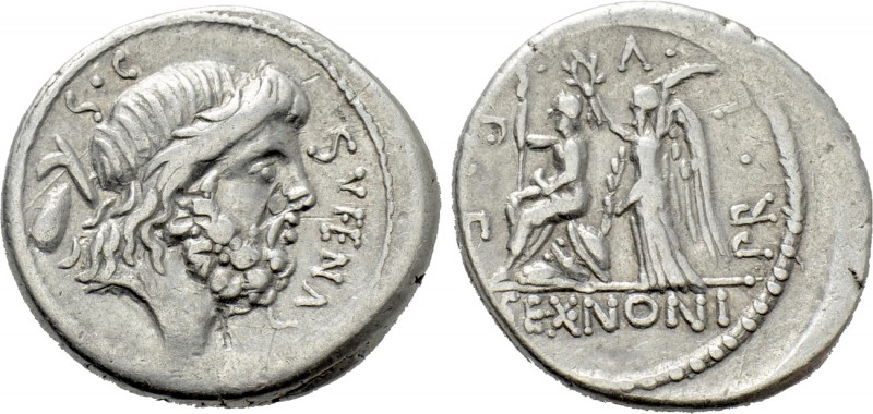 M. NONIUS SUFENAS. Denarius (57 BC). Rome. 

Obv: SVFENAS S C. 
Bearded head ...